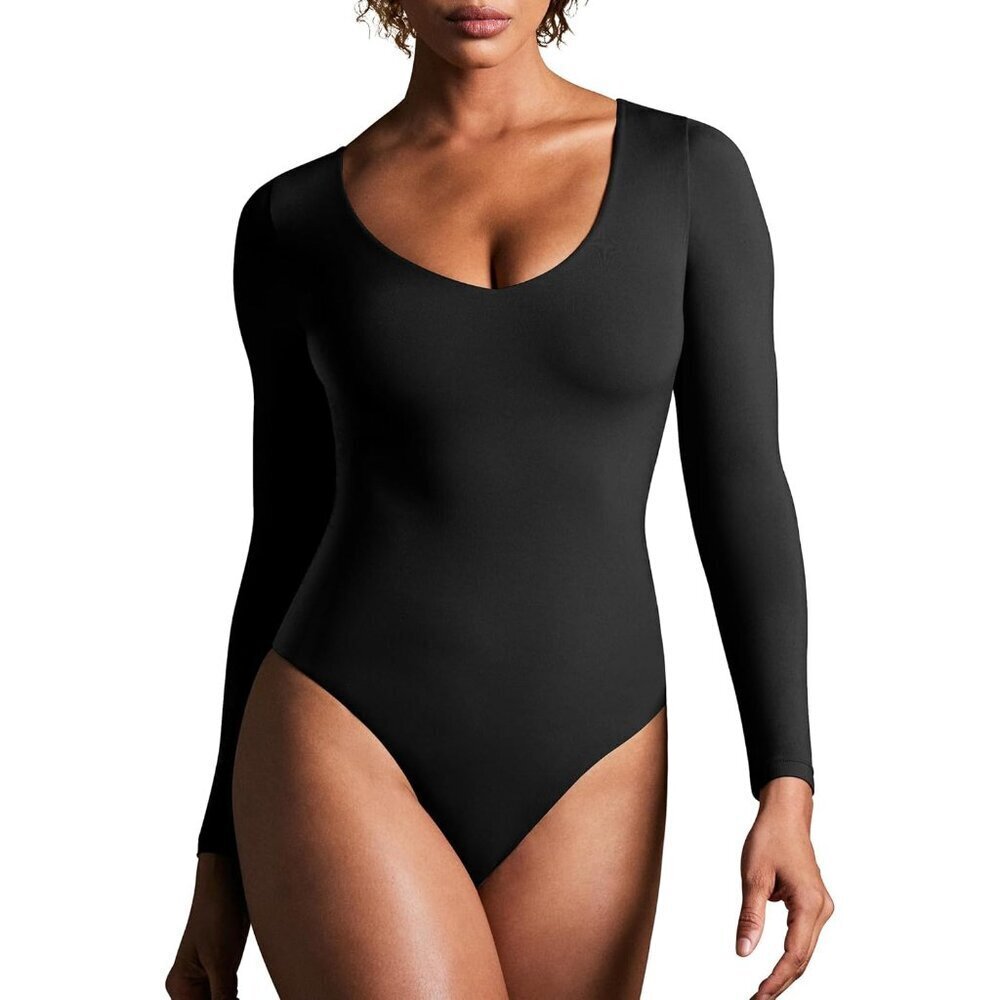 Women’s Tummy Control Bodysuit Slimming V-Neck Long Sleeve Black